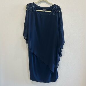 Elegant Asymmetrical Navy Dress with Embellished Shoulders